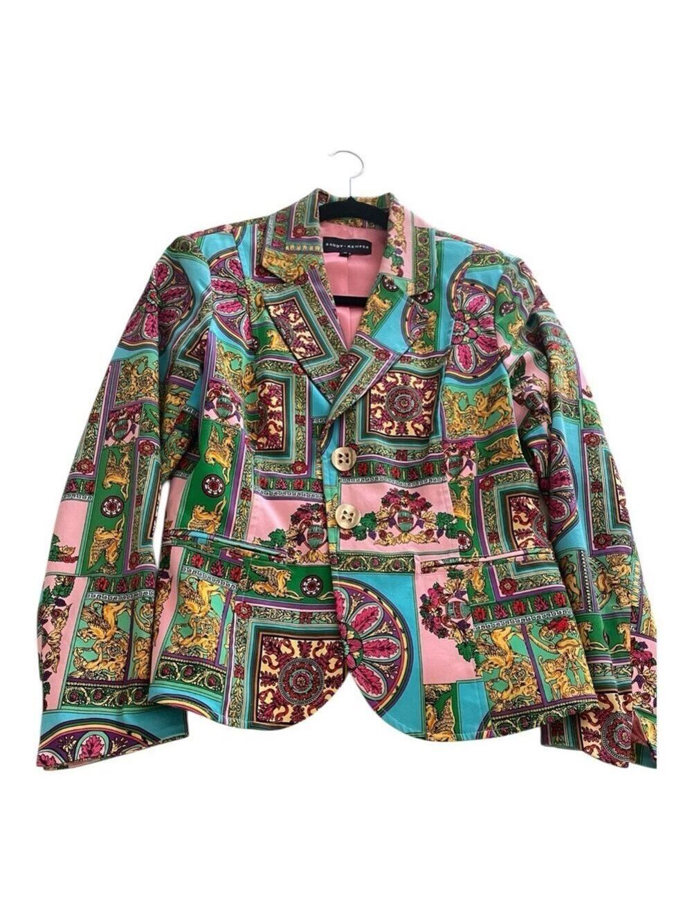 Randy Kemper Designer Cotton Luxury Blazer, Colorful Print, Size 8.